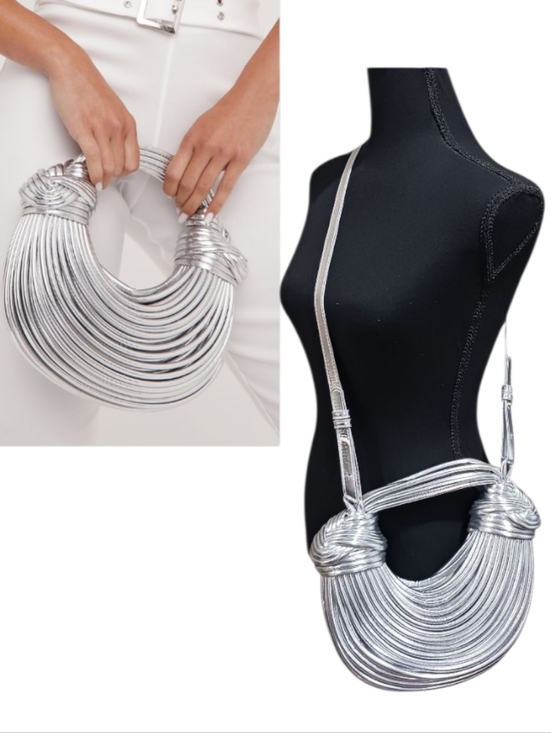 Handbags - Curved Knotted Noodle Convertible Bag Futuristic Glam Silver Foil